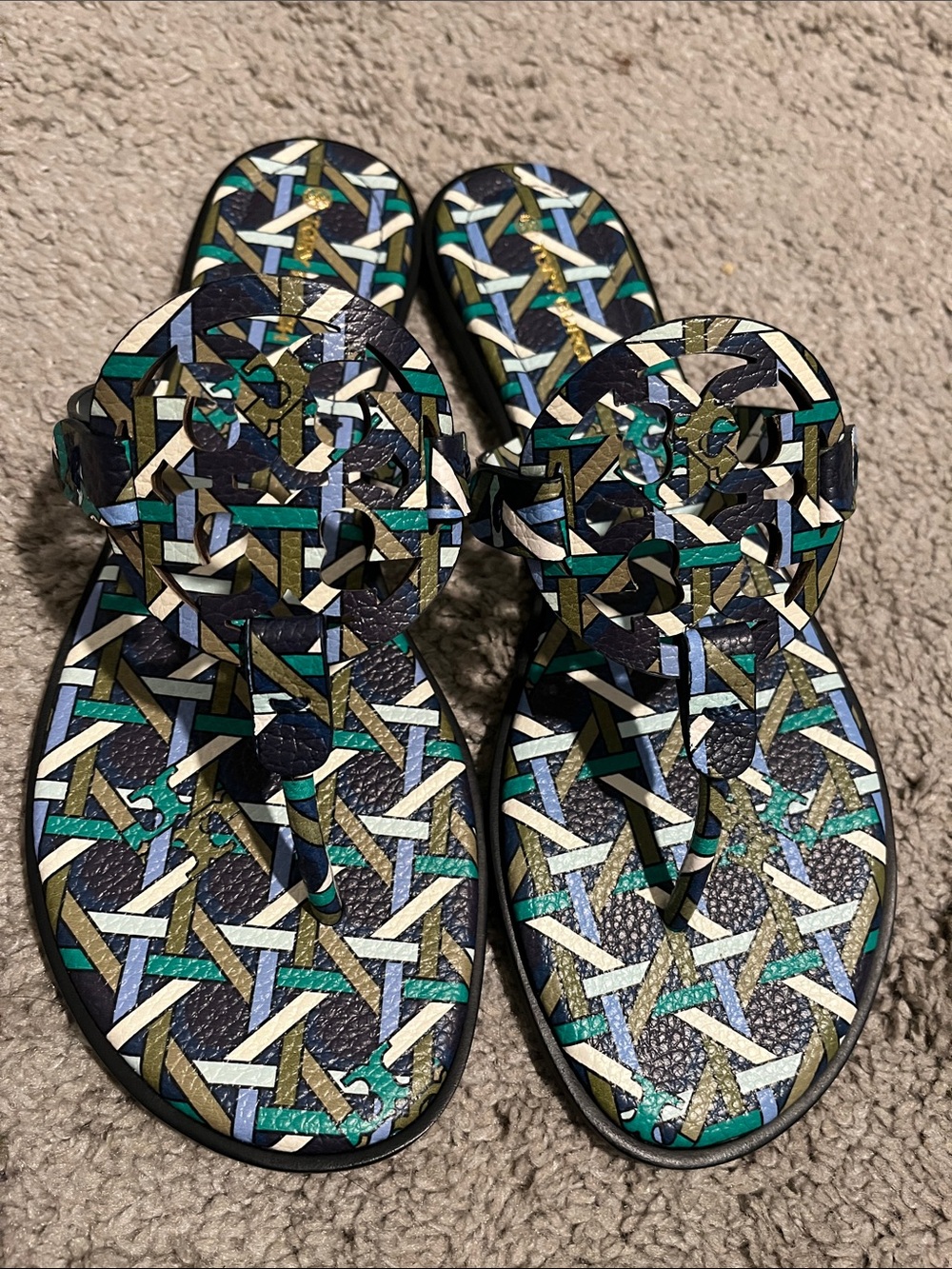 Tory Burch Geo Combo Miller Welt Printed Tumbled Leather Sandals Brand New